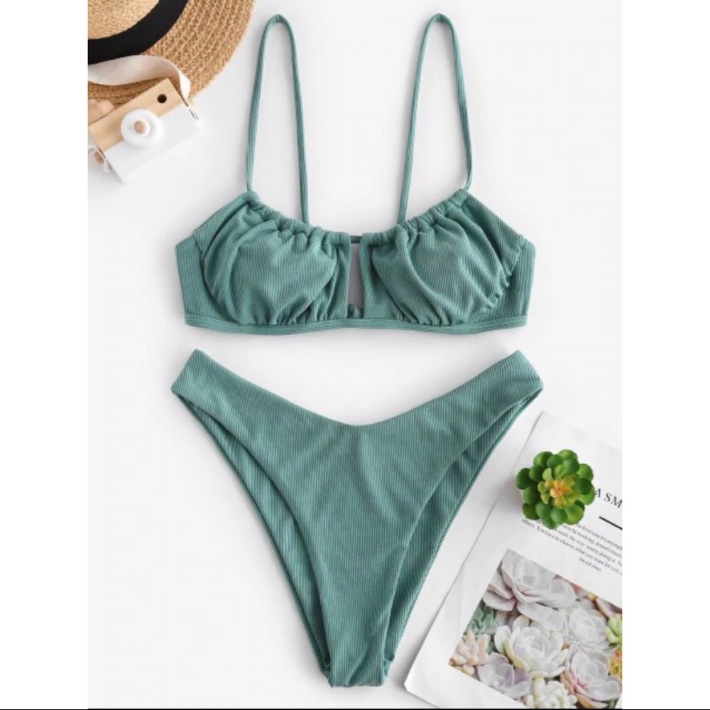 ZAFUL Ribbed High Cut Ruched Tie Bikini NWT
